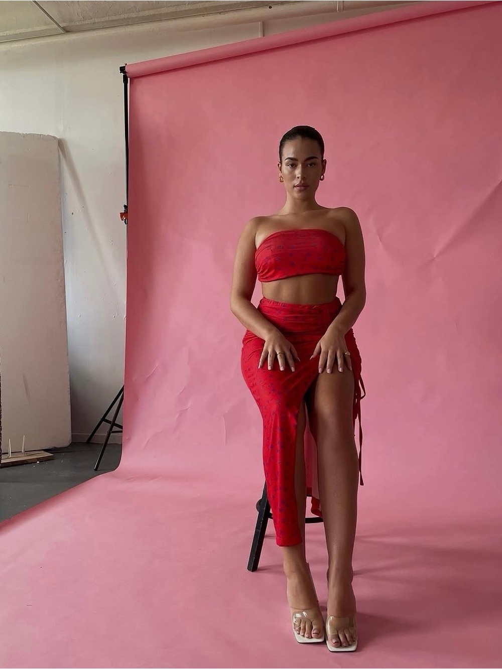 Day 6 London Brigit Bralet + Noya Midi Skirt Set in Red Print XS